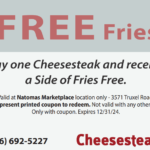 Cheesesteaks Online Coupon - Buy one Cheesesteak and receive a Side of Fries Free valid 12/31/24