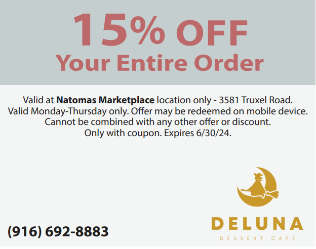 Deluna Dessert Cafe - Online Coupon - 15% OFF Your Entire Order valid 12/31/24