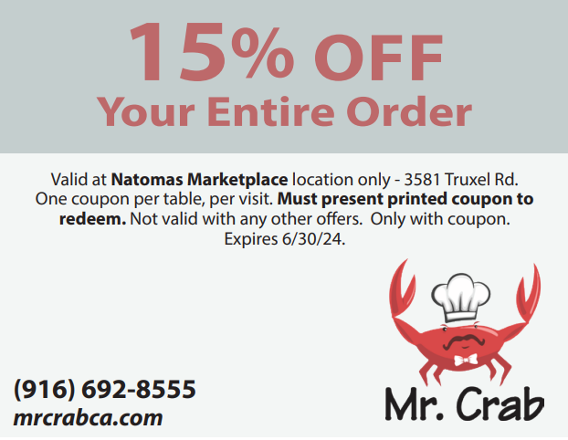 Mr. Crab - online coupon - 15% off your entire order valid until 12/31/24