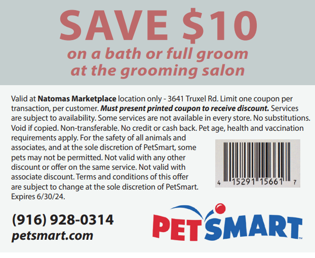 Petsmart - online coupons - save $10 on a bath or full groom at the grooming salon valid until 12/31/24