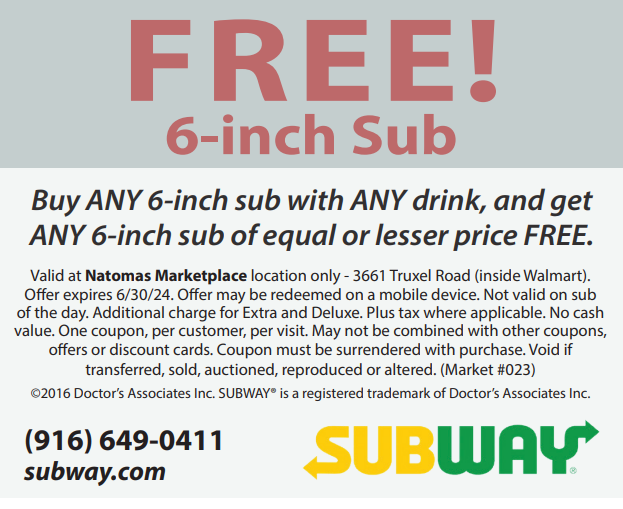 Subway - online coupon - Buy ANY 6-inch sub with ANY drink, and get ANY 6-inch sub of equal or lesser price FREE valid until 12/31/24